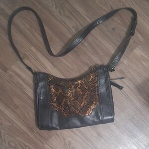 Frye Black Leather Crossbody Bag with Brown Snake-Print Accent